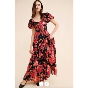 Free People Sundrenched Black Red Floral Printed Maxi Dress Small